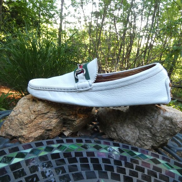 Gucci Men's Loafers Drivers White Size 10 Web Stripe Horsebit Tayma Goat Leather - Picture 8 of 11